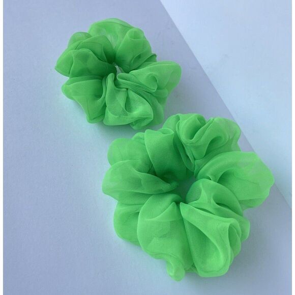 New Green Neon Mesh Scrunchie Hair Tie 2 XLarge Set - Picture 2 of 5